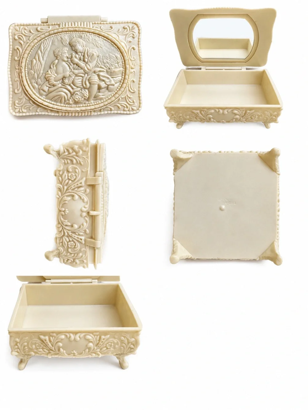 Vintage Ivory Style Ornate Jewelry Box w/ Mirror Romantic Relief Trinket Box